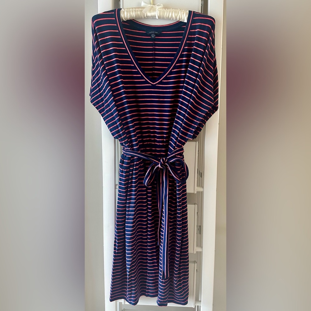 Lands' End Navy and Coral Striped Dress